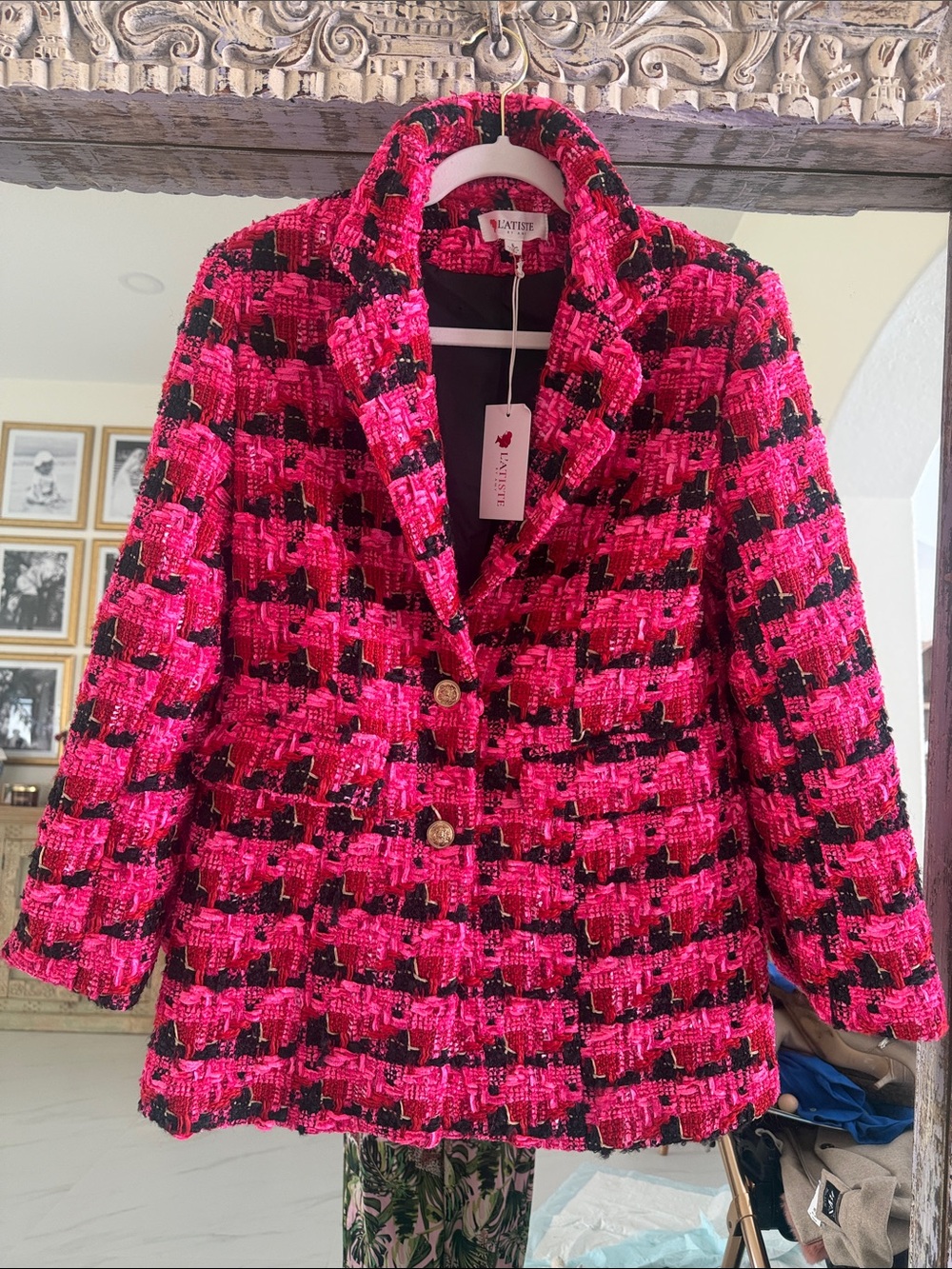 L'ATISTE Hot Pink and Black Tweed Blazer